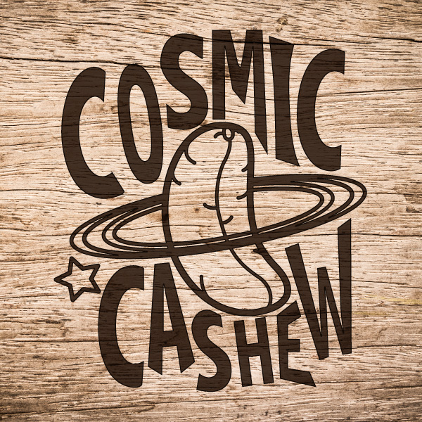 Cosmic Cashew logo featuring a ringed, cashew shaped planet flanked by stars and groovy 1960's font.